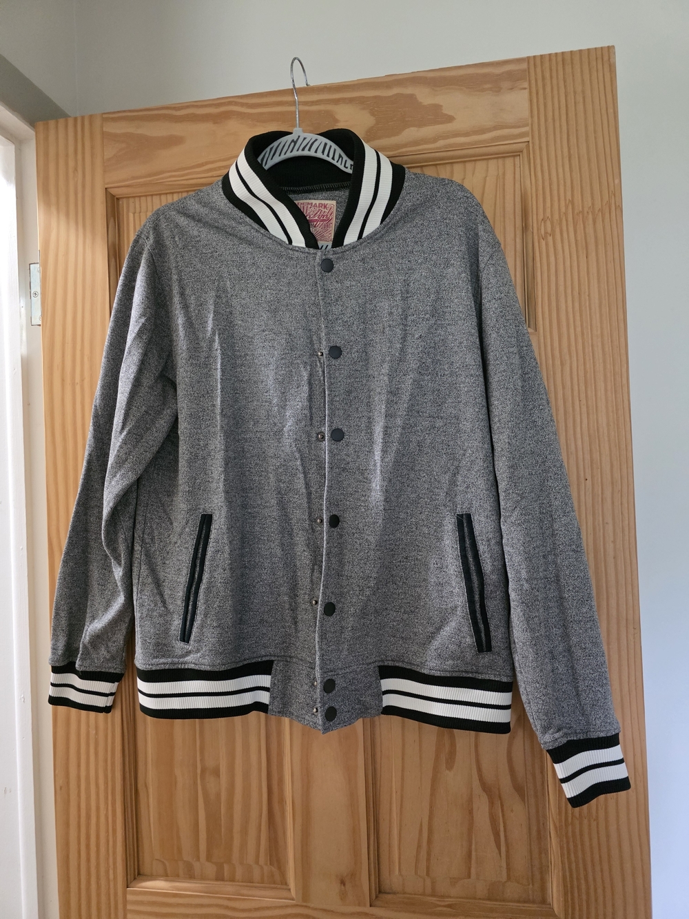 Gray Bomber Jacket with Black and White Stripe Trim